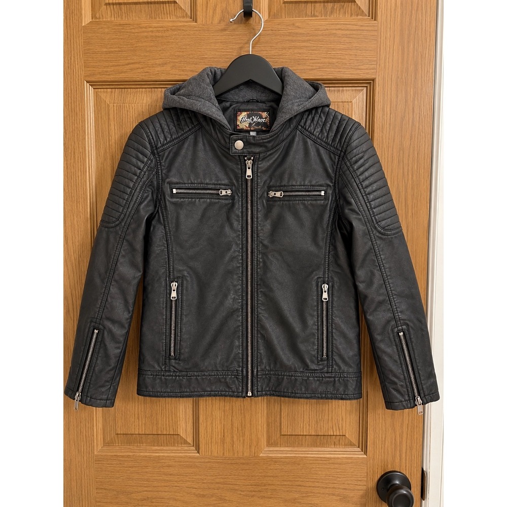 First Wave Boys Black Faux Leather Moto Jacket Gray Hood Size 8